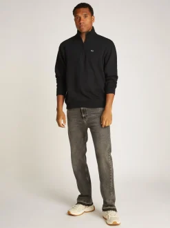New Tommy Jeans 1/4 Zip Mock Neck Fleece Sweatshirt, , M Black