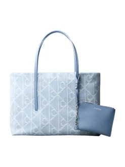 Clearance Calvin Klein Emblem Denim Small Tote Bag, Denim JQD Light Wash