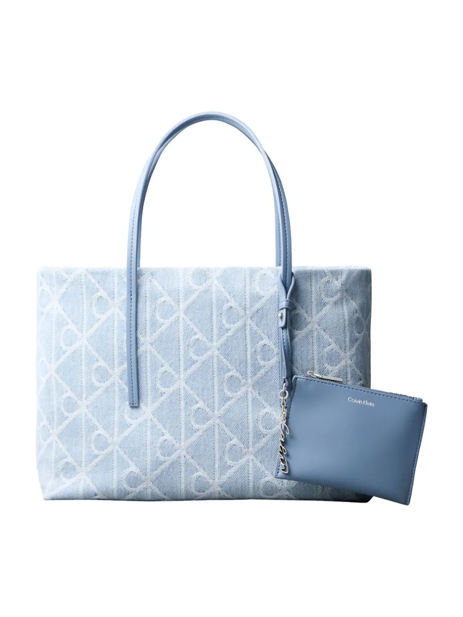 Clearance Calvin Klein Emblem Denim Small Tote Bag, Denim JQD Light Wash