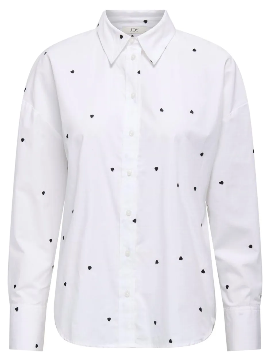Clearance JDY Nelly Loose Skjorte, , S White/Black Heart Embroidery